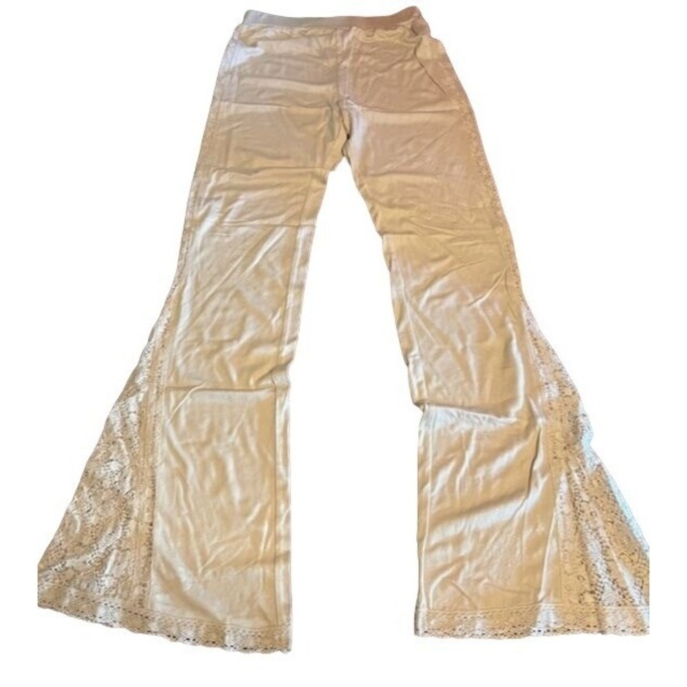 Boho Off White Flare Pants Vtg Style Lace Inset Crochet Hem Elastic Waist‎ XL⁠